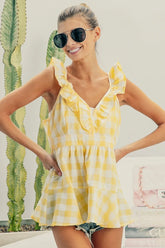 BiBi Ruffled Neckline Sleeveless Check Plaid Peplum Top OutfitFlow
